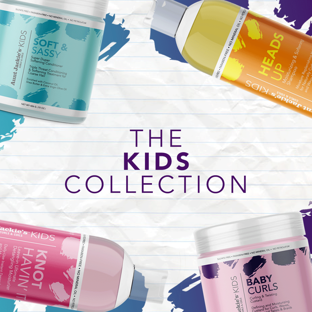 Aunt Jackie’s Kids Collection social graphic with colorful hair care products