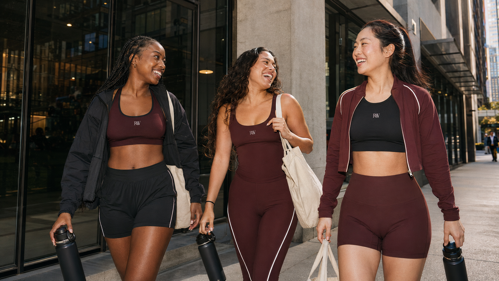 Three diverse women laughing together after leaving the gym in RAW activewear