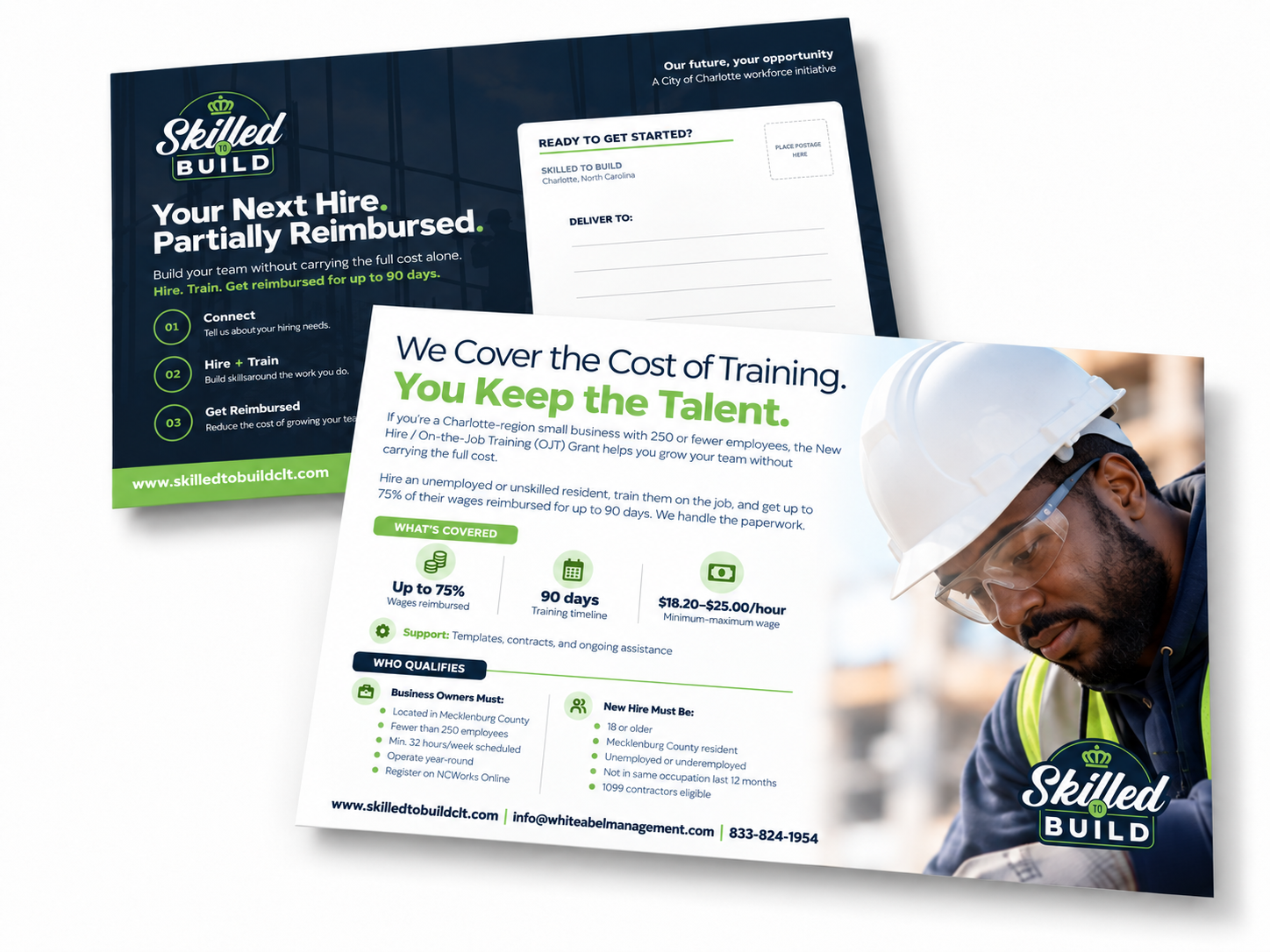 Front and back of a Skilled to Build direct-mail postcard on a clean white background